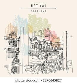 Vector Hat Yai, Thailand postcard. Old town Chinese Malay shophouses street view. Historical buildings in Songkhla province in the South Thailand. Travel sketch. Hand drawn vintage poster