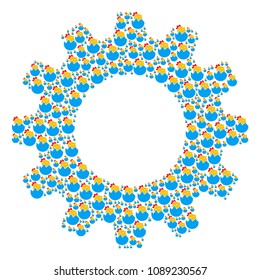 Vector hatch chick icons are combined into cogwheel collage. Equipment design concept constructed from hatch chick objects.