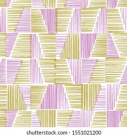 Vector hatching hand drawn seamless pattern. Woodcut style repeat in yellow and lilac colorblock. Grunge texture.
