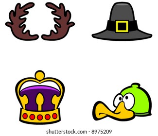 vector of hats or accessories useful for photos or scrapbooks: reindeer antlers, pilgrim hat, crown, and duck bill cap