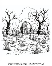 Vector haunted cemetery with old graves illustration