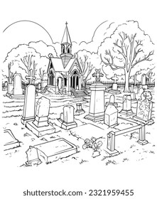 Vector haunted cemetery with old graves illustration