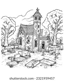 Vector haunted cemetery with old graves illustration