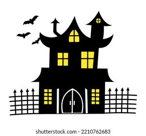 Vector Haunted House and bats simple illustration for Halloween. Black groovy house with yellow light in windows.