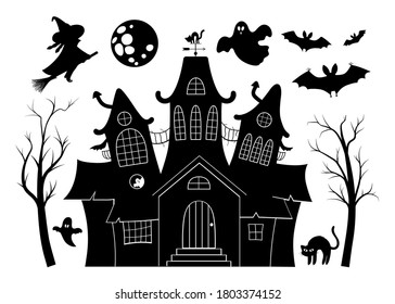 Vector haunted house black and white illustration set. Halloween silhouette elements of spooky cottage, big moon, ghost, bats, trees. Scary Samhain party invitation or card design. 
