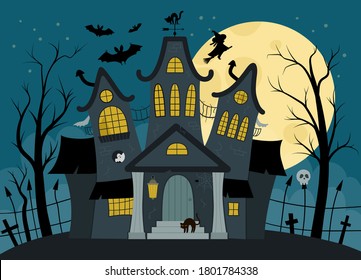 Vector haunted house illustration. Halloween background. Spooky cottage scene with big moon, ghosts, bats, cemetery on dark blue background. Scary Samhain party invitation or card design. 
