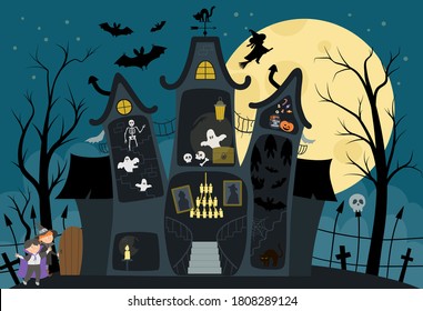 Vector haunted house interior illustration. Halloween background. Spooky cottage scene with big moon, ghosts, bats, children on dark blue background. Scary Samhain party invitation or card design. 
