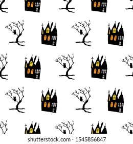 Vector haunted house and owl in spooky tree seamless repeat pattern perfect for Halloween
