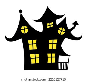 Vector Haunted House simple illustration. Black groovy house with yellowe light in windows.