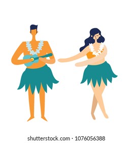 Vector hawaii illustration with dancing girl and men playing ukulele 