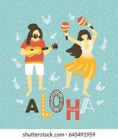 Vector hawaii  illustration. Summer background with dancing girls and men playing ukulele . Bright ethnic design.