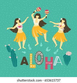 Vector hawaii  illustration. Summer background with dancing girls and lettering - ALOHA . Bright ethnic design.