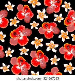 Vector of Hawaiian Aloha Shirt design in red, pink and orange colors on a black background.