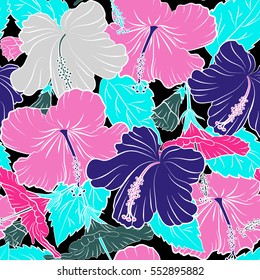 Vector of Hawaiian Aloha Shirt design in blue, violet and pink colors on a black background.