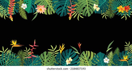 Vector Hawaiian Balinese Polinesian Summer Beautiful Jungle Exotic Leaves Border Frame. Botanical Summer Design. Hibiscus, Heliconia, Bird Of Paradise, Plumeria Flowers. Monstera, Tropical Plants