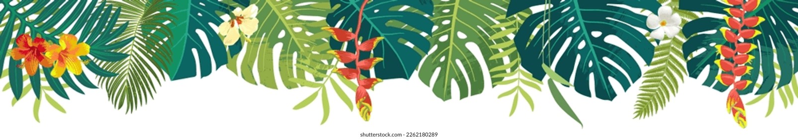 Vector Hawaiian Balinese rainforest summer lush jungle exotic leaves square banner upper border. Aloha summer monstera wedding greeting card, invitation design. Exotic tropical plants postcard