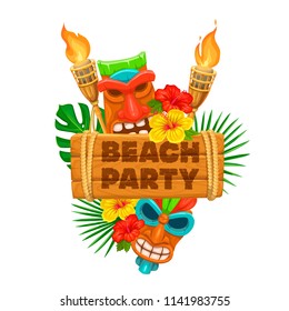 Vector hawaiian beach party banner. Tiki tribal mask, wooden signboard, torch and flowers of hibiscus.