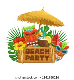 Vector hawaiian beach party banner. Tiki tribal mask, wooden signboard, straw umbrella, cocktail pina colada, watermelon, torch and flowers of hibiscus.