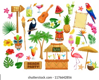 Vector hawaiian beach party icons. Tiki tribal mask, wooden signboard, tropical birds, cocktails, watermelon, torch, leaves and flowers. Guitar, fruit ice and pineapple for design luau holiday.