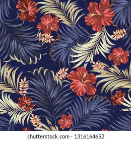 Vector Hawaiian pattern, vintage style aloha shirt design. Hibiscus and palm on dark blue background. 