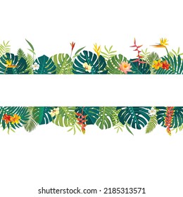 Vector Hawaiian Rainforest Summer lush jungle exotic leaves square banner template. Aloha summer monstera wedding greeting card, invitation design. Exotic tropical plants postcard with a copy space