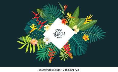 Vector Hawaiian summer floral background. Tropic leaf border banner template. Tropical jungle frame. beautiful jungle exotic leaves flyer, poster, banner. Exotic monstera, hibiscus, palm tree design