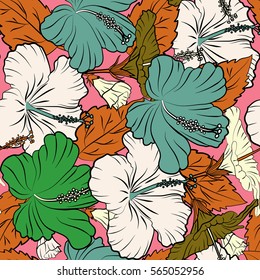 Vector hawaiian tropical natural floral seamless pattern. Hibiscus flower and leaves pattern on a pink background in a trendy multicolored style.