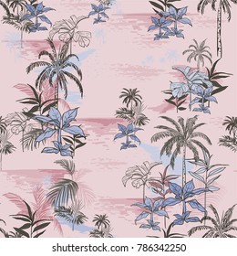 Vector of hawaiian tropical print Island seamless pattern print for summer vibes with leaves ,trees, plants,, summer flowers   on sweet pink background.