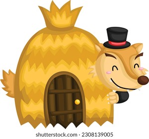 a vector of a hay house with a wolf peeking out