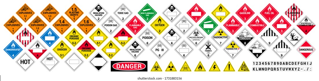 Vector hazardous material signs. Globally Harmonized System warning signs. All classes. Hazmat isolated placards. GHS - Shutterstock ID 1731883156