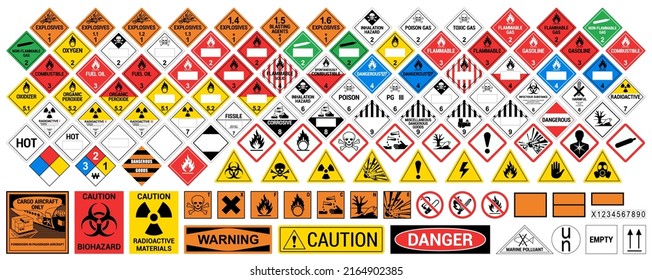 Vector hazardous material signs. Globally Harmonized System warning signs. All classes. Hazmat isolated placards. GHS - Shutterstock ID 2164902385