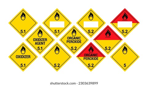 Señales de materiales peligrosos vectores. Señales de advertencia del Sistema Globalmente Armonizado. Sustancias oxidantes y plaguicidas orgánicos. Clase 5. Carteles aislados de Hazmat