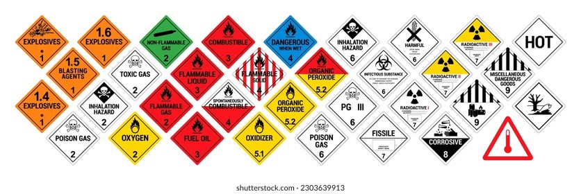 Vector hazardous material signs. Globally Harmonized System warning signs. All classes. Hazmat isolated placards