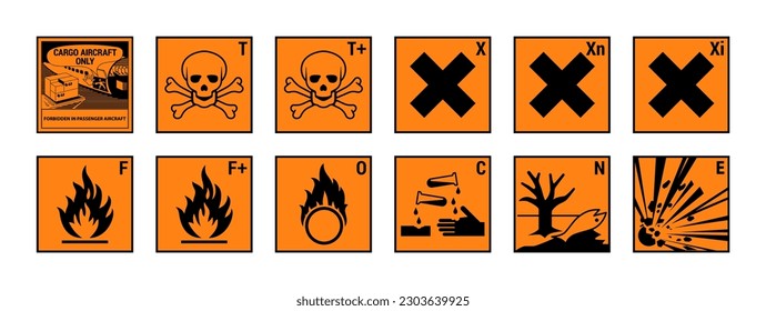 Vector hazardous material signs. Globally Harmonized System warning signs. Hazmat isolated placards