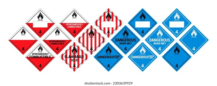Señales de materiales peligrosos vectores. Señales de advertencia del Sistema Globalmente Armonizado. Sólidos inflamables. Clase 4. Carteles aislados de Hazmat