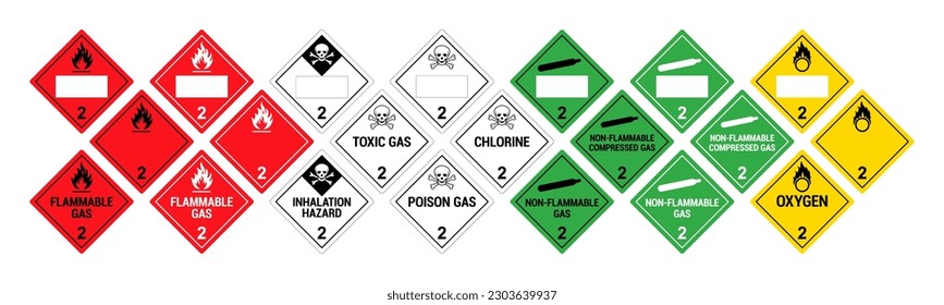 Vector hazardous material signs. Globally Harmonized System warning signs. Gases. Class 2. Hazmat isolated placards