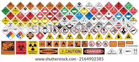 Vector hazardous material signs. Globally Harmonized System warning signs. All classes. Hazmat isolated placards. GHS Foto stock © 