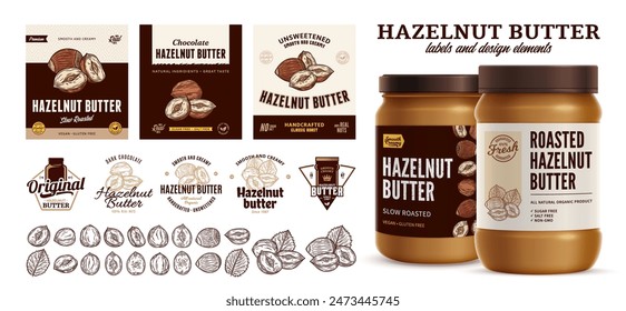 Vector hazelnut butter labels. Hazelnut butter branding and identity icons, badges, insignia and design elements. Realistic glass jar mockup