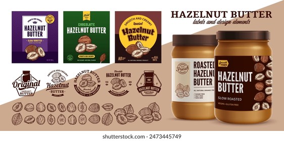 Vector hazelnut butter labels. Hazelnut butter branding and identity icons, badges, insignia and design elements. Realistic glass jar mockup