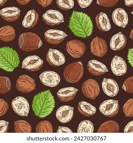 Vector hazelnut colorful seamless pattern or background. Hazelnut kernels and shells illustration