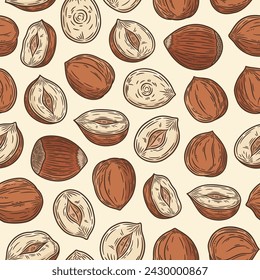 Vector hazelnut colorful seamless pattern or background. Hazelnut kernels and shells illustration