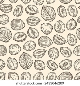 Vector hazelnut hand-drawn seamless pattern or background. Hazelnut kernels and shells