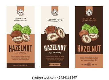 Vector hazelnut labels in modern style. Vector hazelnut nut illustrations