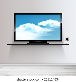 Vector HD TV on shelf, realistic illustration, sky with clouds on screen.