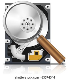 Vector HDD and magnifying glass, front view