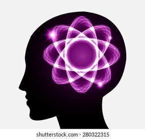 vector Head atom icon. dark purple atom molecule science symbol brain scientific mind thinker. silhouette. infographics.