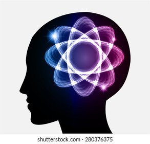 vector Head atom icon. dark blur purple atom molecule science symbol brain scientific mind thinker. silhouette. infographics.