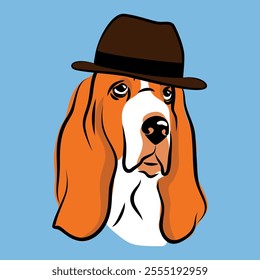 vector head of beagle, gentleman hat on dog, breed