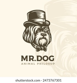 Vector head bearded collie dogs wear vintage Hat and bow tie in old english victorian hipster logo style