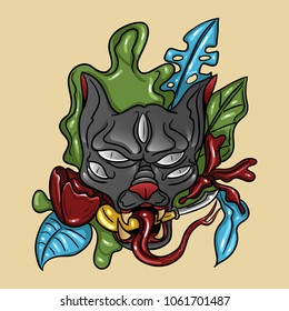 vector head black phanter tatto japan style
